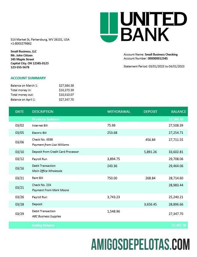 Baixável United Bank Enterprise modelo de extrato de conta Word e PDF